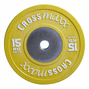 Crossmaxx Competition vægtskive 15 kg - gul. Af vulkaniseret gummi, slidstærk kvalitet. Til vægtløftning, crossfit og funktionel træning - Crossmaxx